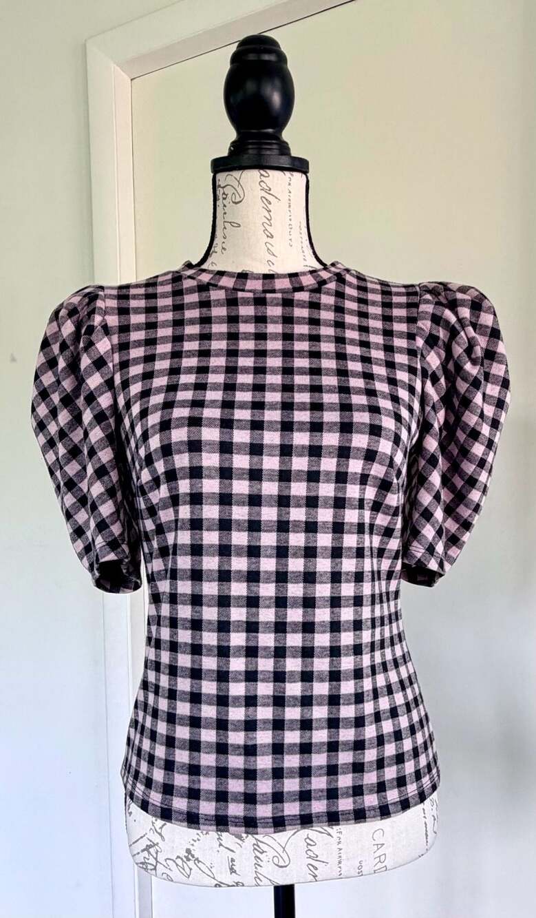 Haute Monde Black Pink Gingham Buffalo Plaid Short Puff Sleeve Top M